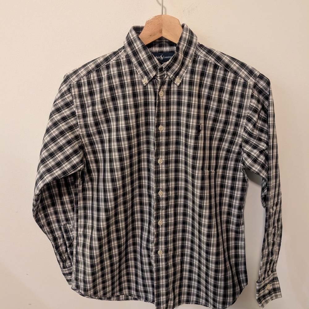 Ralph Lauren Black and White Plaid Boy's Button Down Shirt Size Medium 12-14